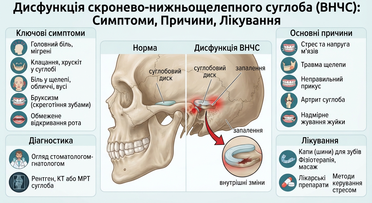 Дисфункция височно-нижнечелюстного сустава (ВНЧС) — это нарушение нормальной работы сустава, жевательных мышц и взаимодействия между верхней и нижней челюстями.